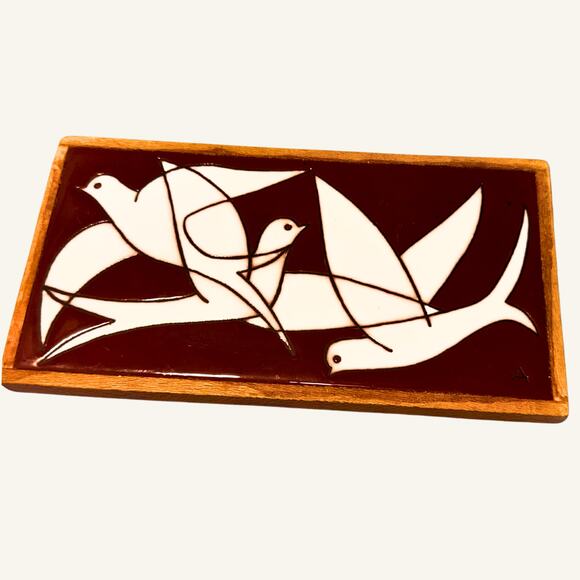 Mid Century Modern Abstract Bird Tile Wall Art | White Doves on Red - Picture 7 of 9